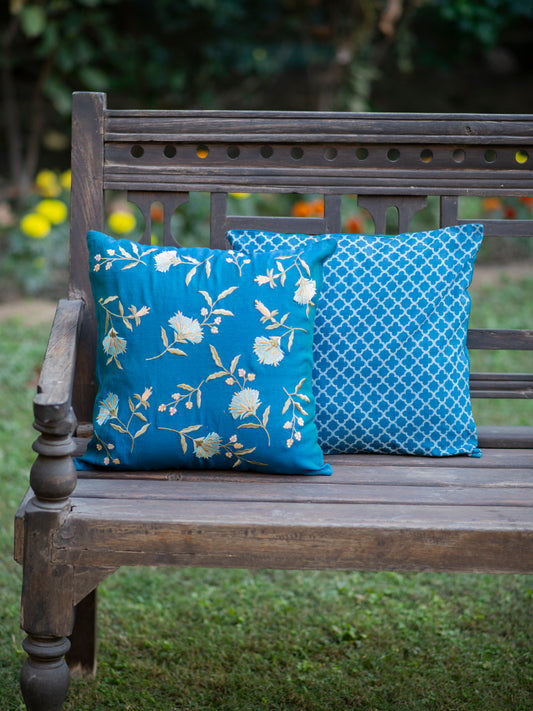 Versailles Silk Emb Cushion Cover - Blue｜ヴェルサイユ シルク エンブ クッション カバー - ブルー